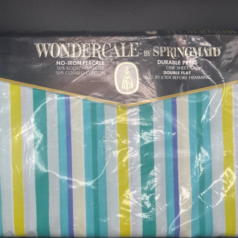 Vintage Springmaid Combed Percale Sheet Retro Stripes FULL FLAT Aqua Blue Fabric